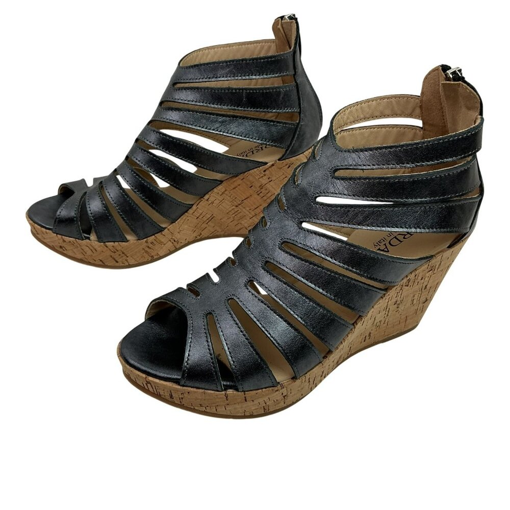 Cordani Electra Platform Strappy Cork Wedge Leather Sandals Womens 8.5-9 Charcoa